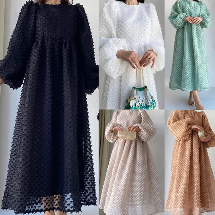 women's solid color round neck lantern sleeve dress elegant long skirt