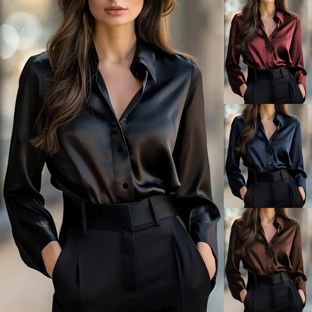 ​​Classic Long Sleeve Button-Down Shirt For Women – Solid Color Elegance (Burgundy/Brown/Navy/Black, S-XXL)​​
