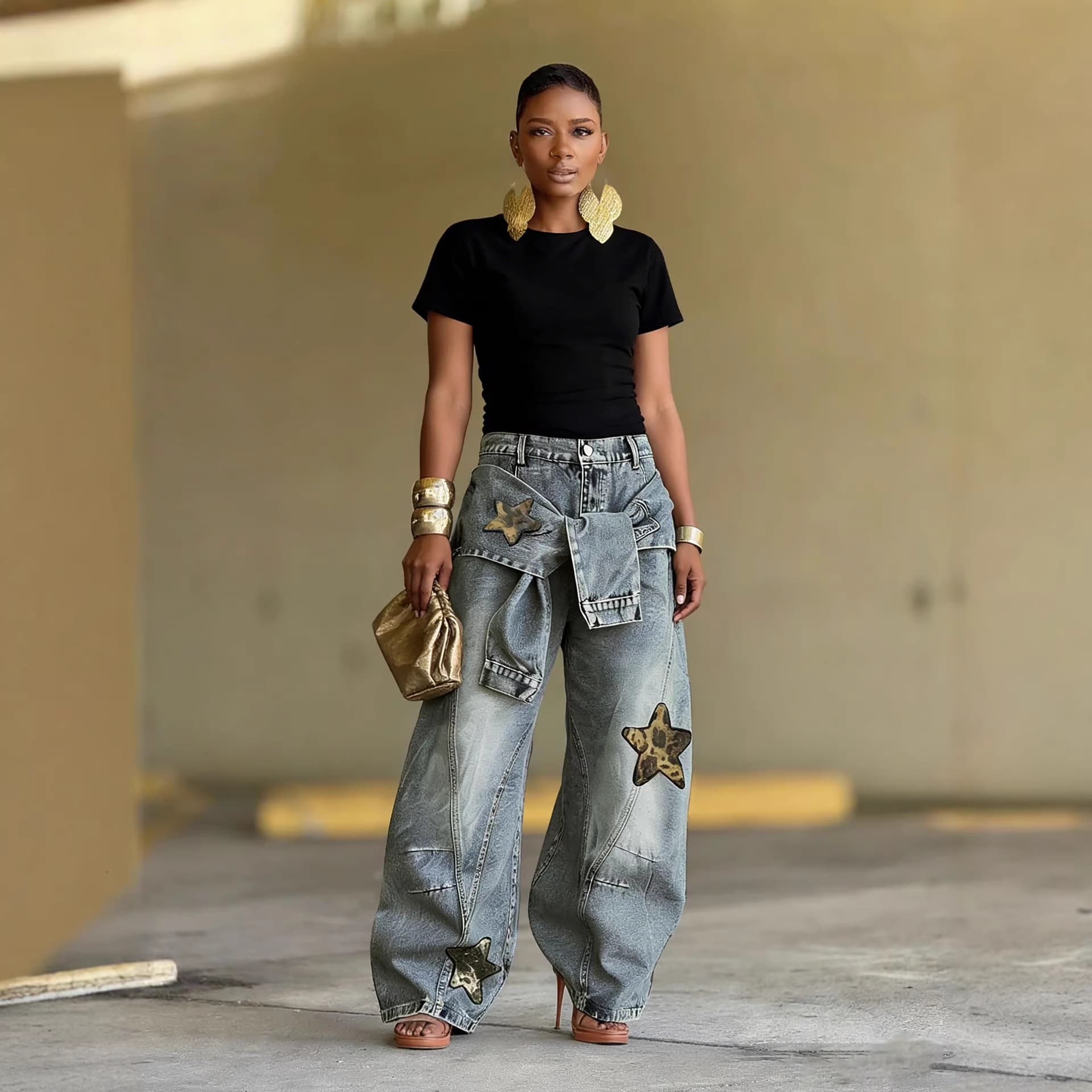 Women's Clothing Women's Lace Up Patchwork Jeans Star And Leopard Print Applique Design For Formal & Casual For Women