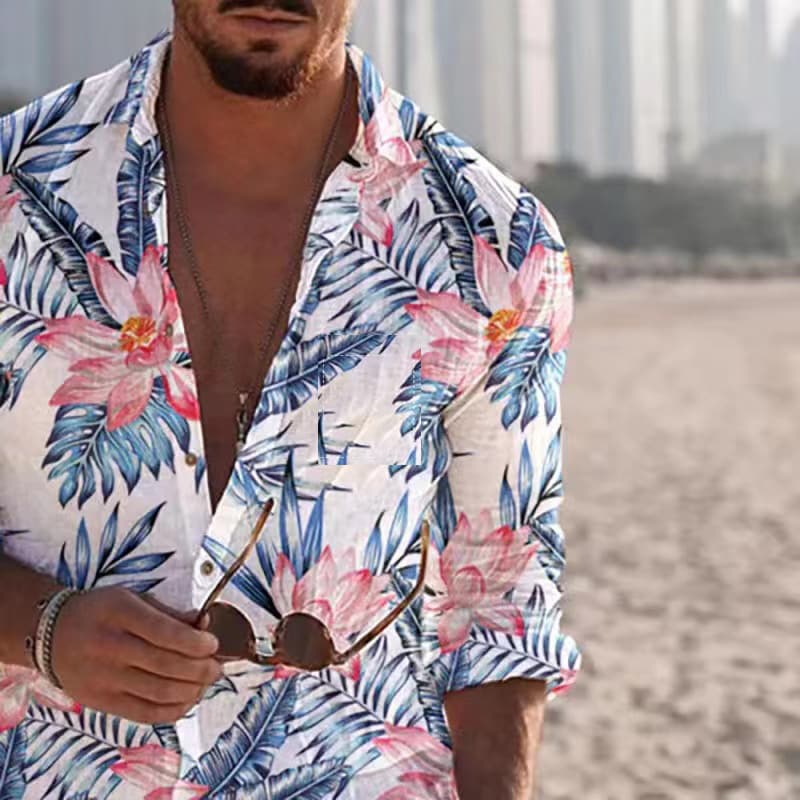 Men's Casual Cotton And Linen Beach Leaf Long Sleeve Shirt Comfortable Cotton And Linen Shirt