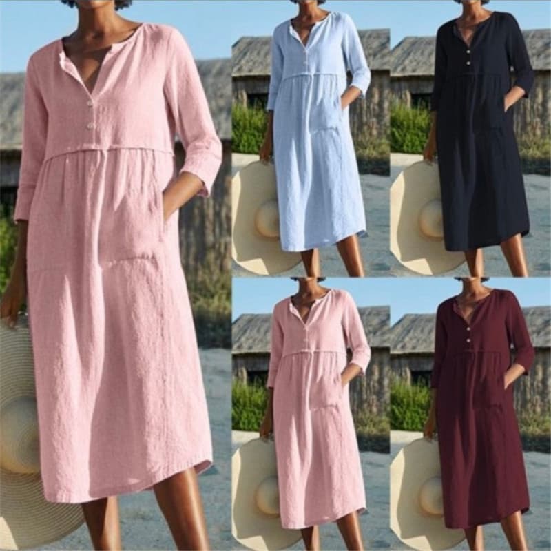 Women's Clothing Spring And Summer Round Neck Button Pocket Cotton And Linen Mid Sleeve Solid Color Dress