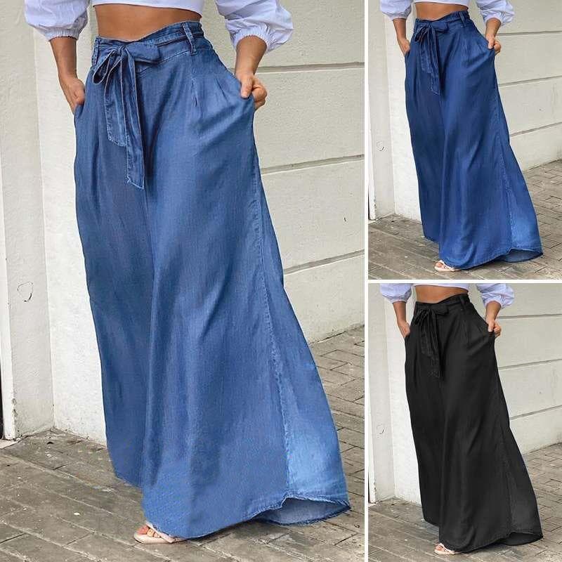 Women's elegant lace-up high waist skirt casual large size denim skirt
