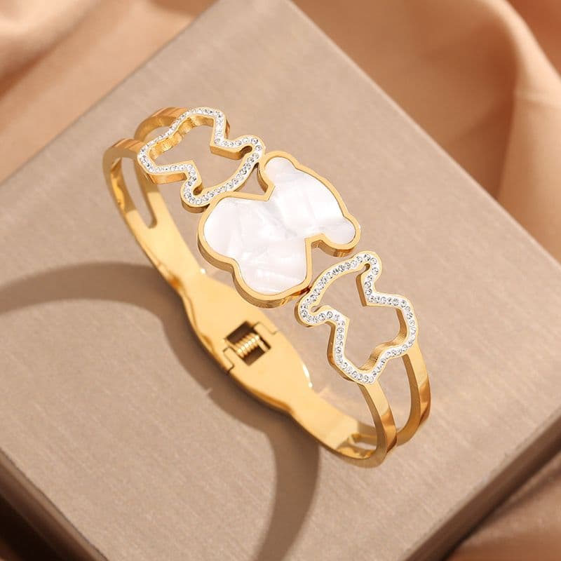 Bracelet Niche Fashion Bear en acier titane et coquillage blanc entièrement serti de diamants pour femme, style européen et américain, alliant lé
