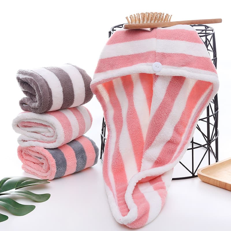 Soft Coral Fleece Hair Towel Wrap – Quick-Dry Absorbent Hair Turban For Women & Men, Cozy Bath Cap With Striped Design (Pink/Gray/Brown)