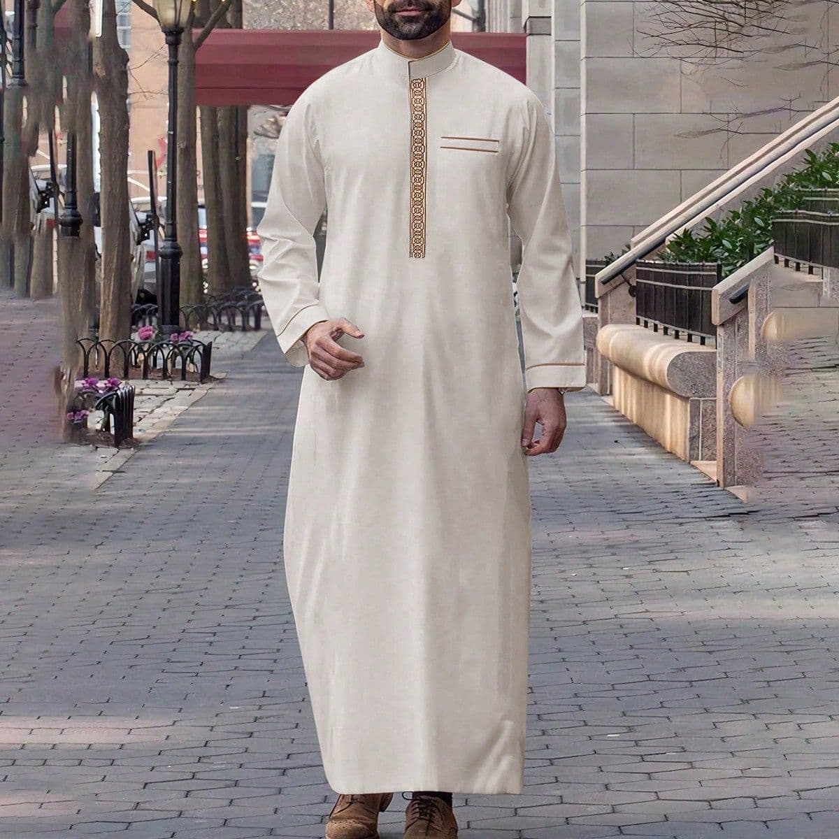 Traditional Islamic Men's Thobe With Embroidery - Long Sleeve Loose Fit Prayer Robe For Muslim Men - Polyester Blend Comfortable Daily Wear
