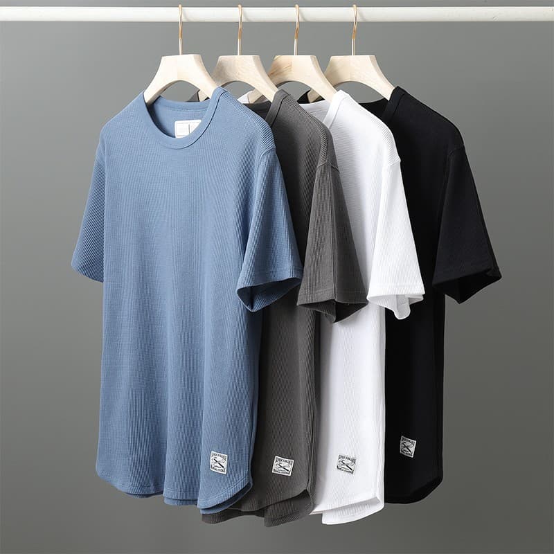 Men's clothing casual heavyweight high-end waffle t-shirt men's short-sleeved summer original small collar bottoming shirt half-sleeved trend