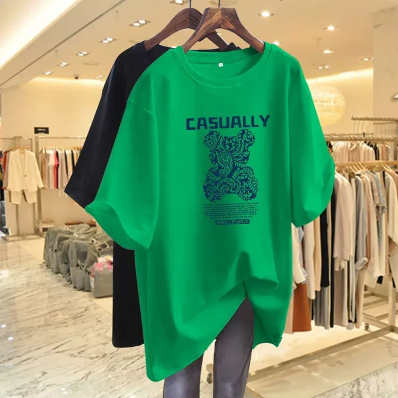 Women's T-shirt Short Sleeves Women Goods Loose Bear Round Neck Cover Buttocks Clothes Ins Trend