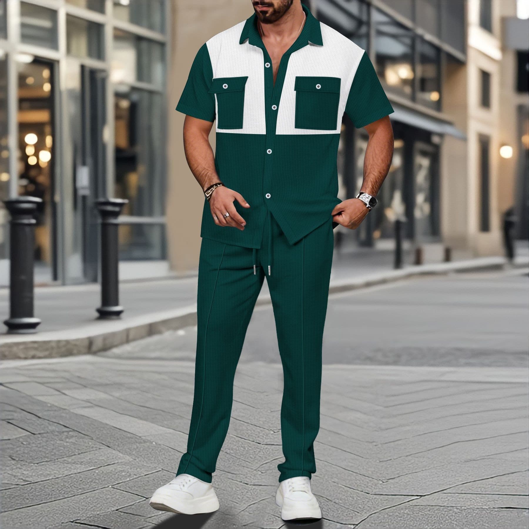Men's Clothing New Waffle Four Breasted Pocket Color Matching Short Sleeved Shirt And Trousers Two Piece Suit