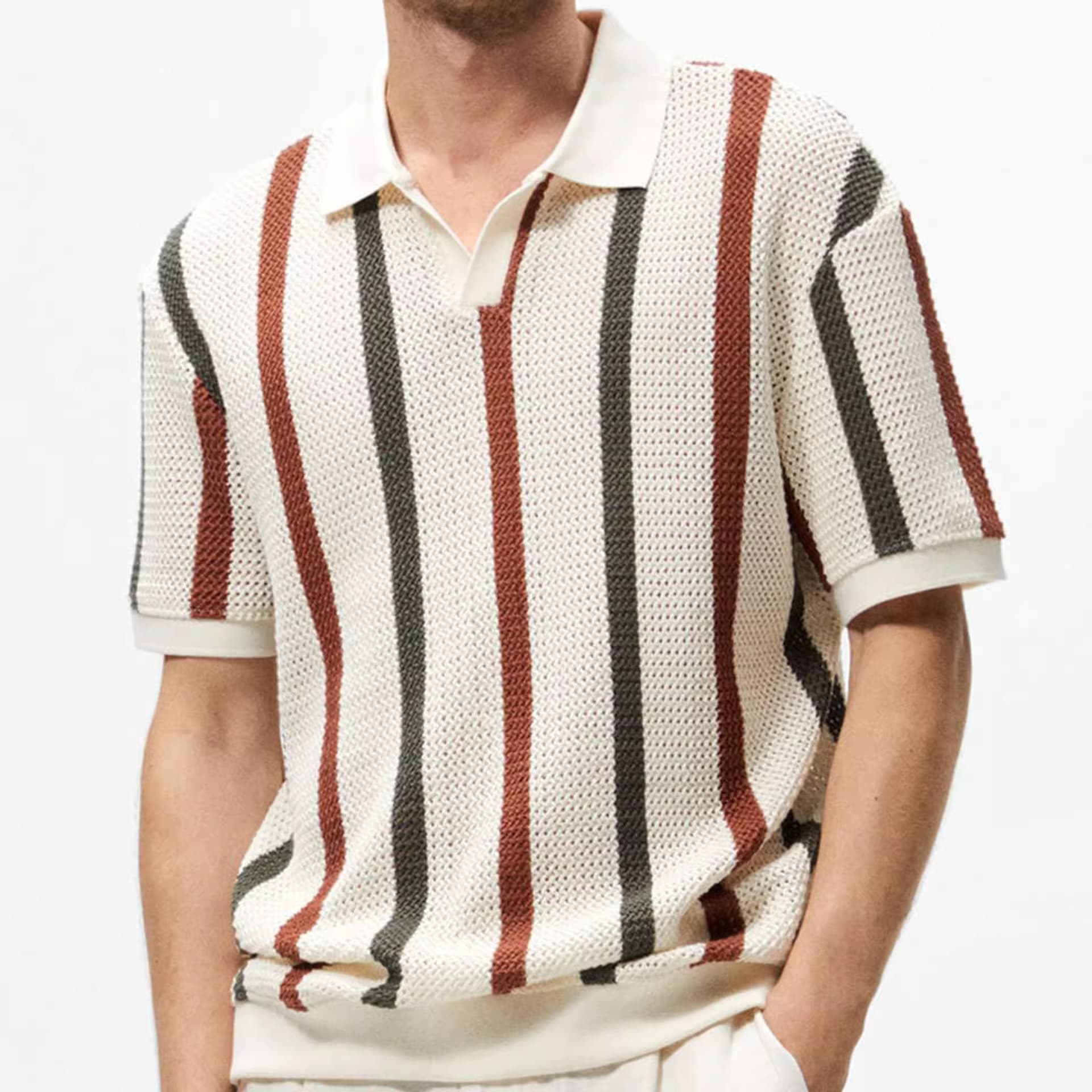 Men's Clothing 2024 Summer Chunky Hollow Knit Sweater Men's Striped Contrast Color Wool Casual Polo Shirt
