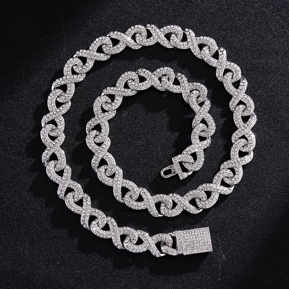 Hip hop 8 shaped Cuban chain infinity necklace trendy design clavicle chain men and women trendy full diamond bracelet