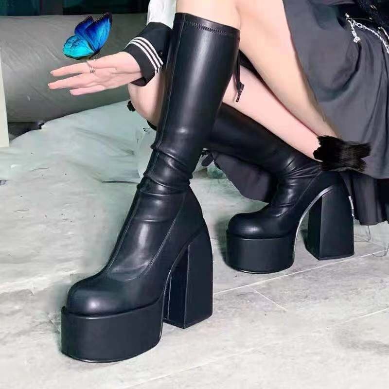New Large 43 Autumn/Winter Style Black Thick Soled High Heels Over Knee Elastic Boots Motorcycle