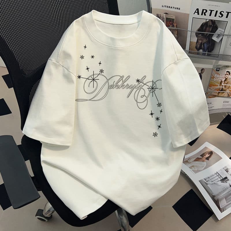 American Pure Cotton Popular Street Style Short T-shirt Summer Men's And Women's Creative Printed White Half Sleeved