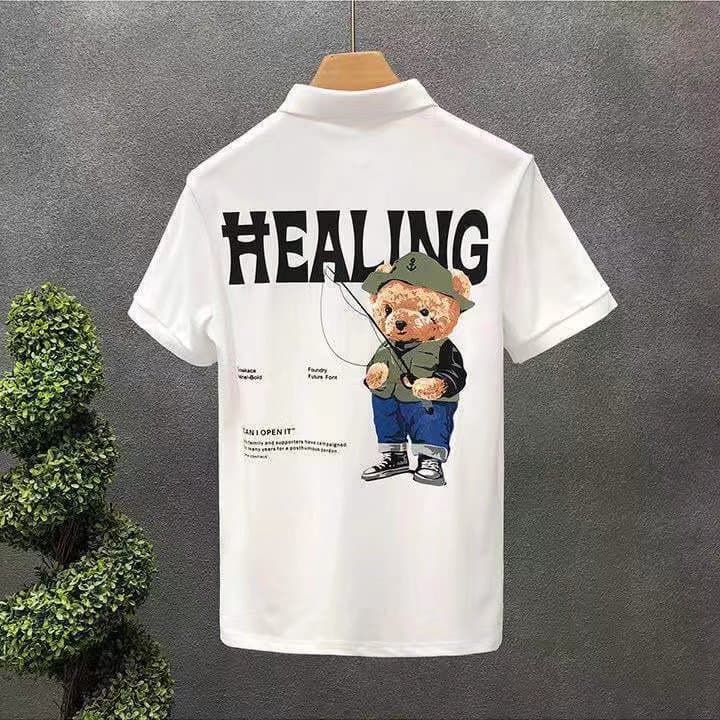 Men's Clothing Bear Short-sleeved T-shirt For Men's Youth Casual Trend 2024 Summer Korean Version Slim POLO Half-sleeved Men