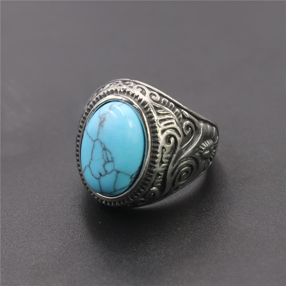 Retro Series Turquoise Pattern Titanium Steel Men's Ring Street Fashion Ring