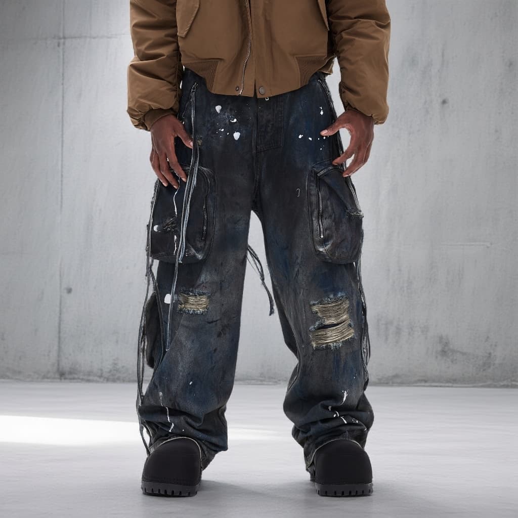 Trendy Men's Relaxed Fit Straight Leg Jeans - Dark Blue Washed With Faux Ripped & Graffiti Details