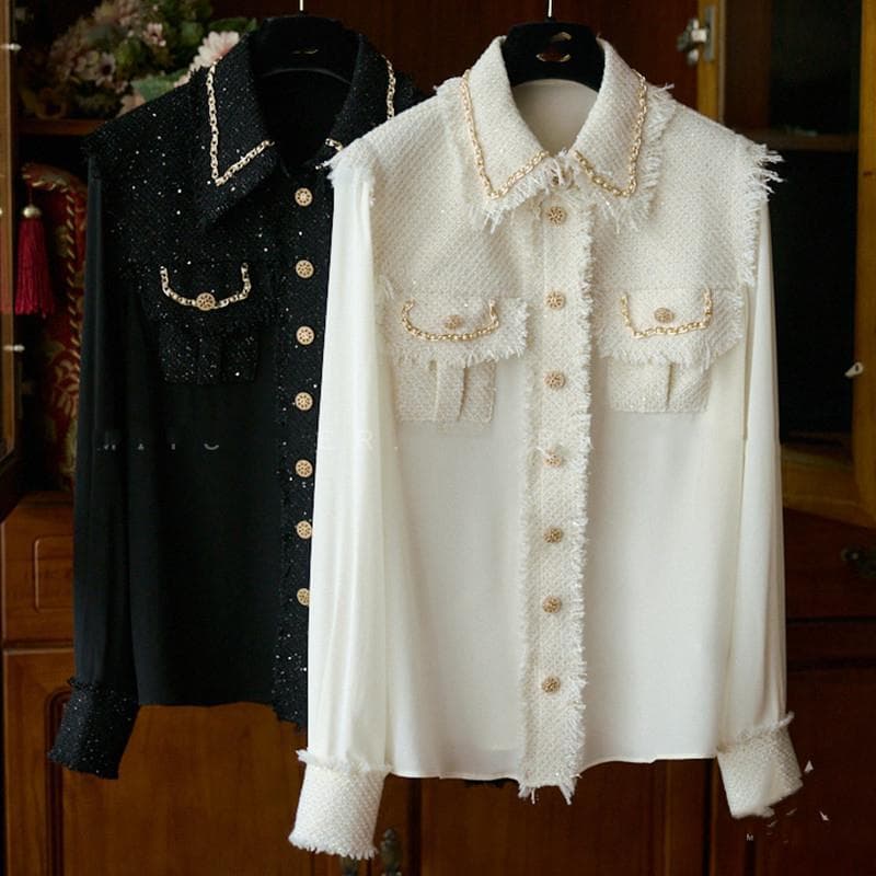 Women's Style Chain Beaded Edge Sparkling Tweed Splicing Lapel Imitation Silk Shirt