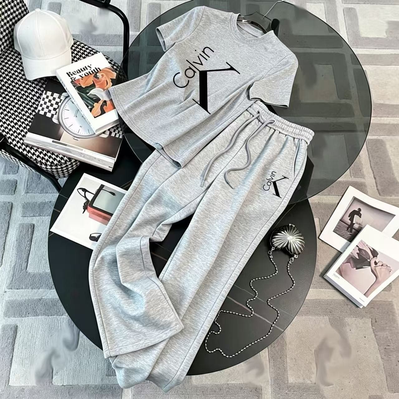 Calvink Women's Casual Clothing Set T-Shirt And Wide Leg Pants Mid-Waist Drawstring Straight Leg Trousers Matching Outfit 2026 Style