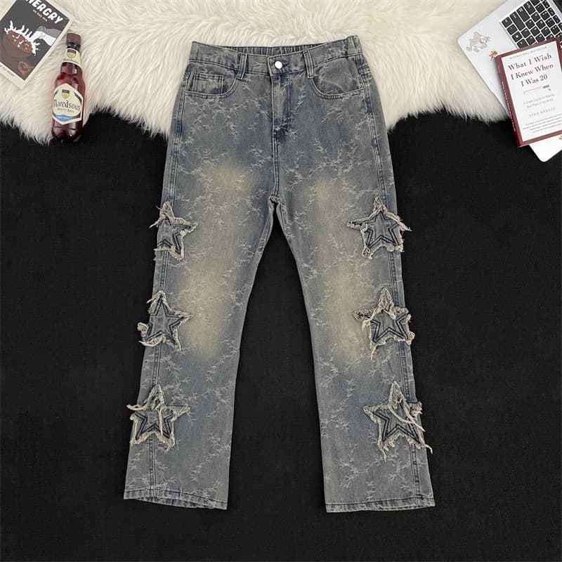 Men's Clothing Star Jacquard Jeans For Men, Spring And Autumn, Niche Design, Cool Pants, High Street Vibe, Straight Flared Pants