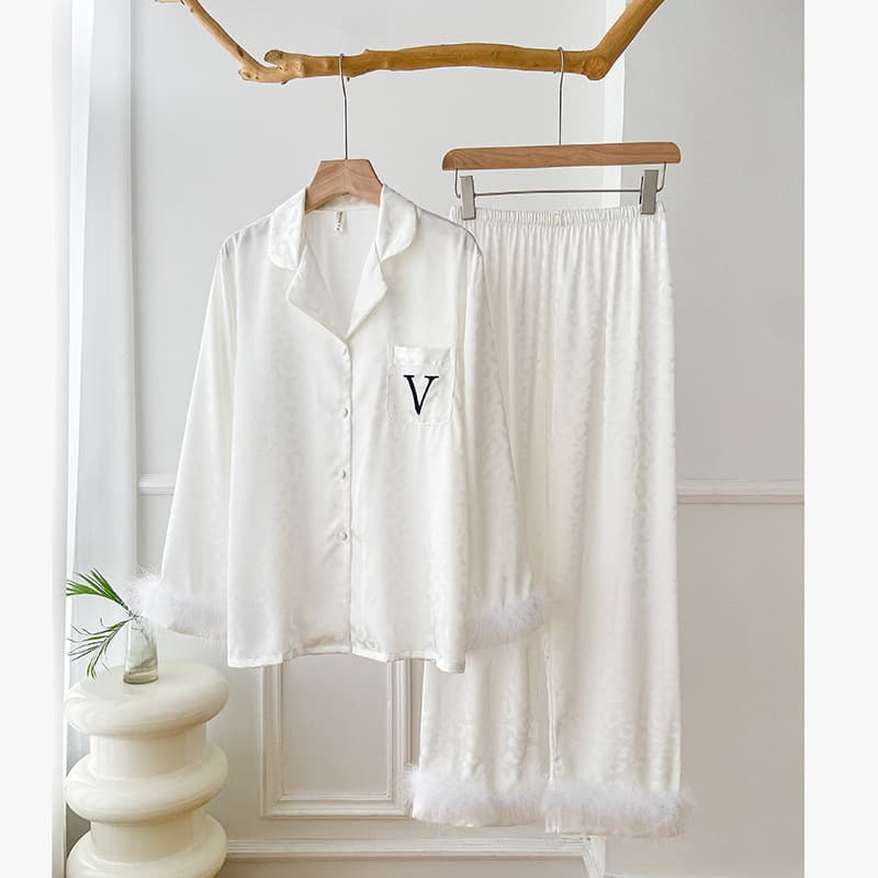 Women's Clothing High grade feather loose pajamas in spring and autumn long sleeved ice silk spring and autumn wearable as home clothes suit