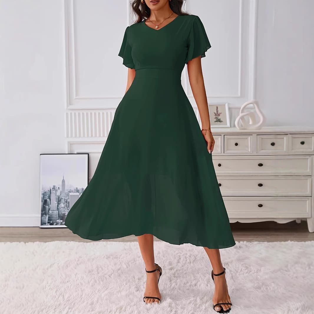 V-Neck Wrap Chiffon Dress – Flowy A-Line & Ruffled Sleeves (S-XXL, Sage/Blush/Rosewood, Wrinkle-Resistant)
