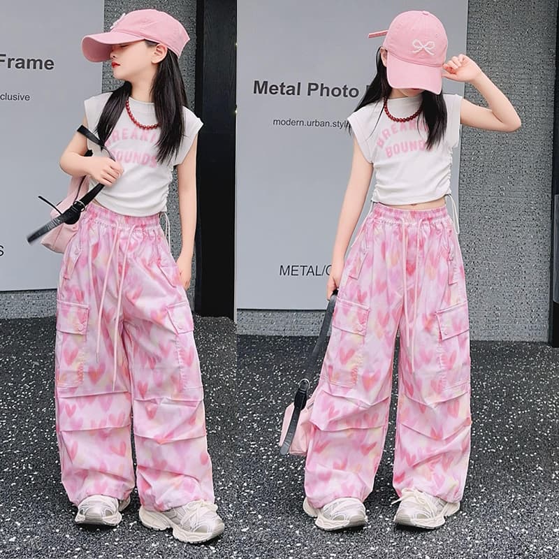 Kid's Clothing Girls Overalls Suit Summer Loose Love Trousers Print Drawstring Small Vest Two Piece Suit New