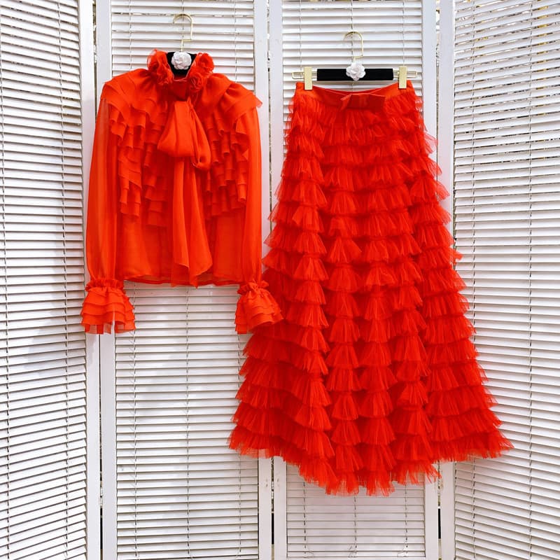 Women's Clothing Ruffled Chiffon Shirt Spring New Design Shirt + Mesh Layered Overlapping Cake Skirt