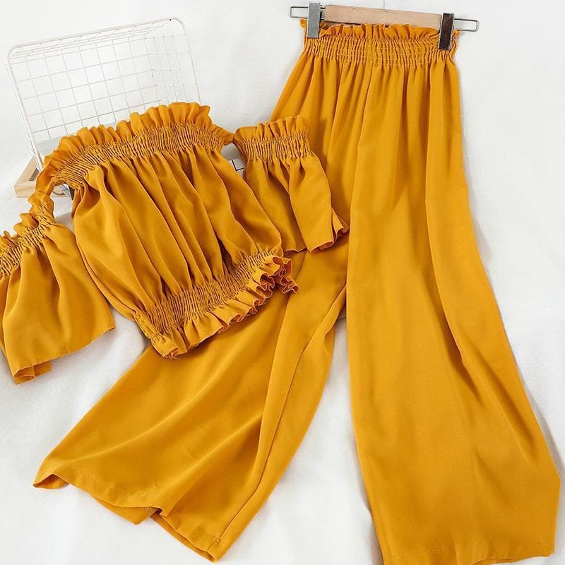 [Cotton Linen] Women's Clothing Fat Girl Off Shoulder New Fashion Suit Short Sleeved Top Casual Wide Leg Pants Two Piece Suit