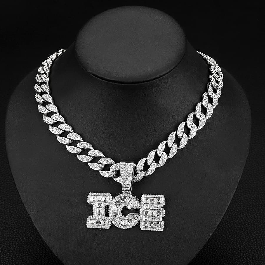 Glass diamond letter ICE pendant niche personality cool men's versatile jewelry watch buckle necklace