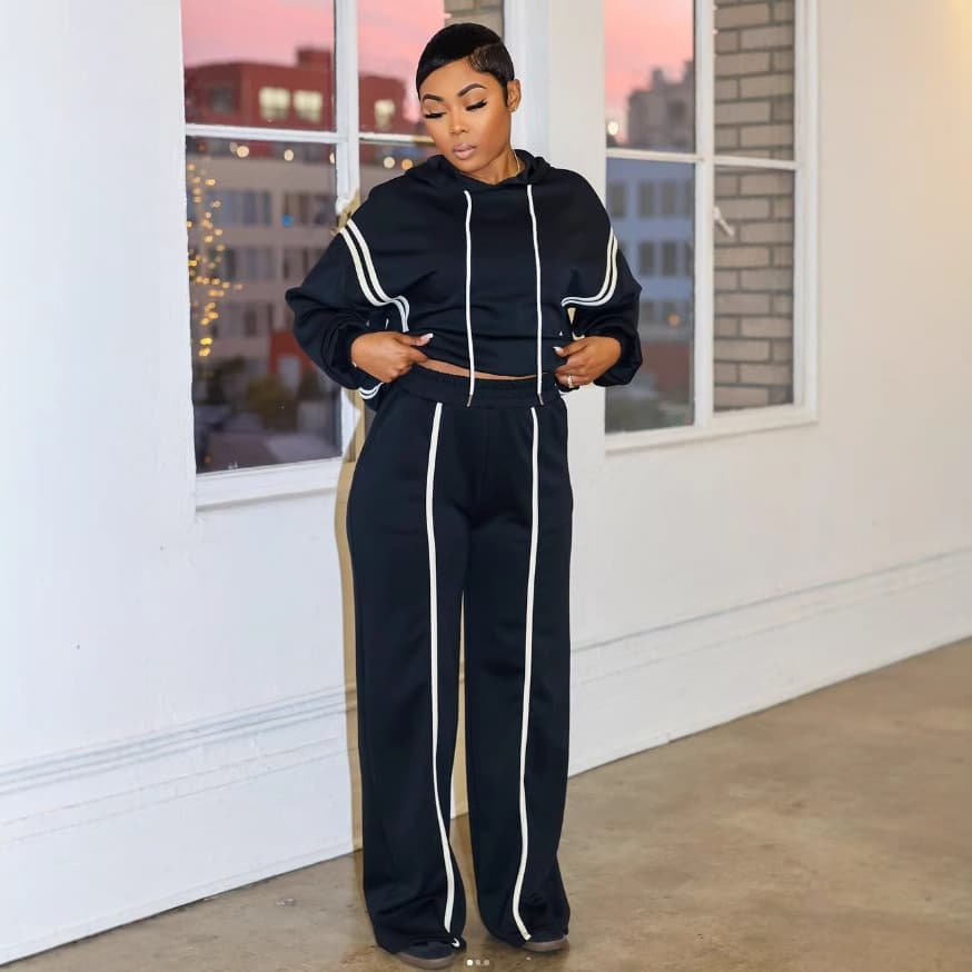 Women's Clothing Ribbon Stitching Hooded Sweatshirt Two piece Set