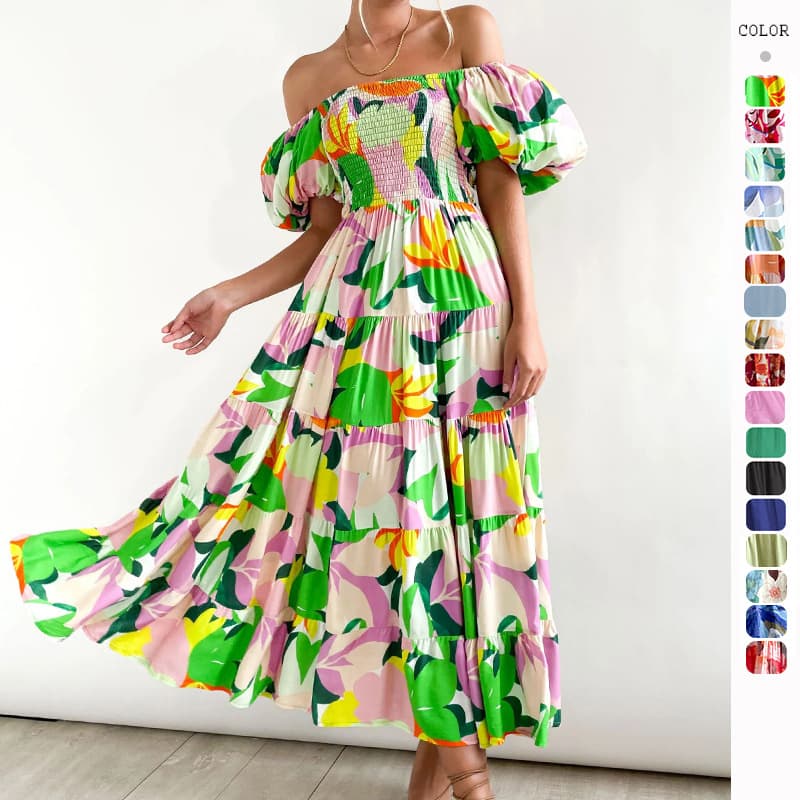 women's Vacation Slim Long Dress Hot Girl High Waist One Shoulder Printed Dress Women