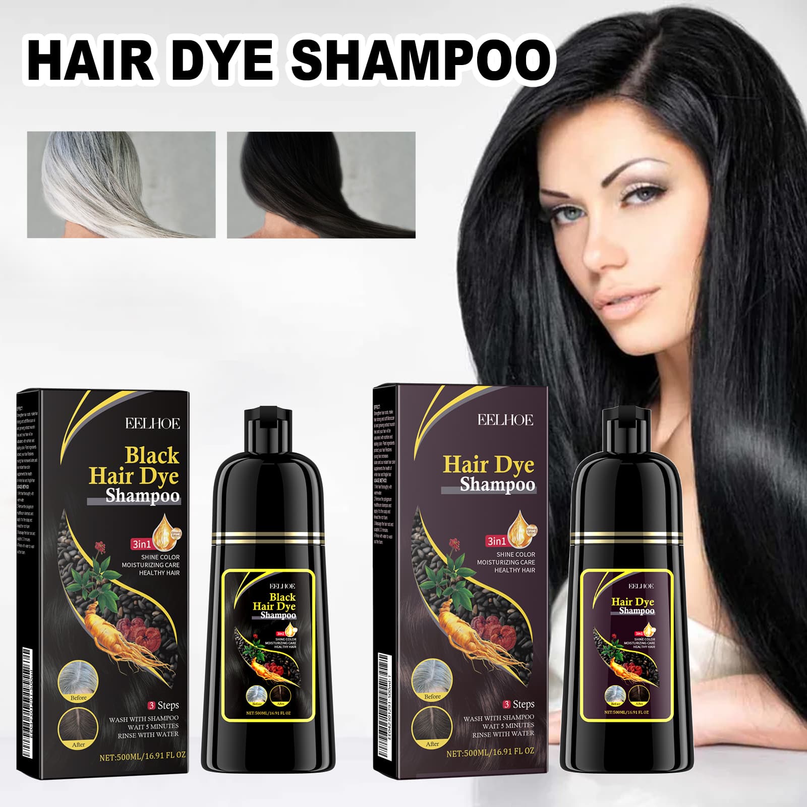 EELHOE Black Hair Dye Shampoo Hair Color Shampoo For Women & Men Natural Herbal Ingredients Champu Para Canas Pintar El Pelo