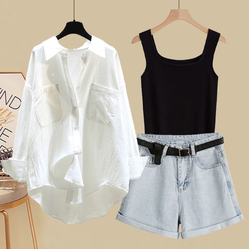 Large Size Women's Summer Suits For Women 2025 New Style Shirts For Women With Suspenders And Denim Shorts Three Piece Suits