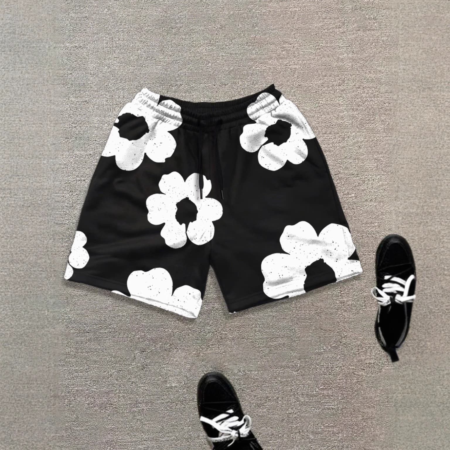 Men's Clothing Men's Summer Black And White Floral Print Shorts, Trendy And Fashionable Casual Sports Pants, New Style,