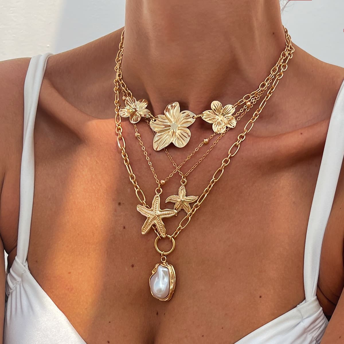 Ins Style Flower Starfish Necklace Necklaces Baroque Pearl Pendant Accessories For Women