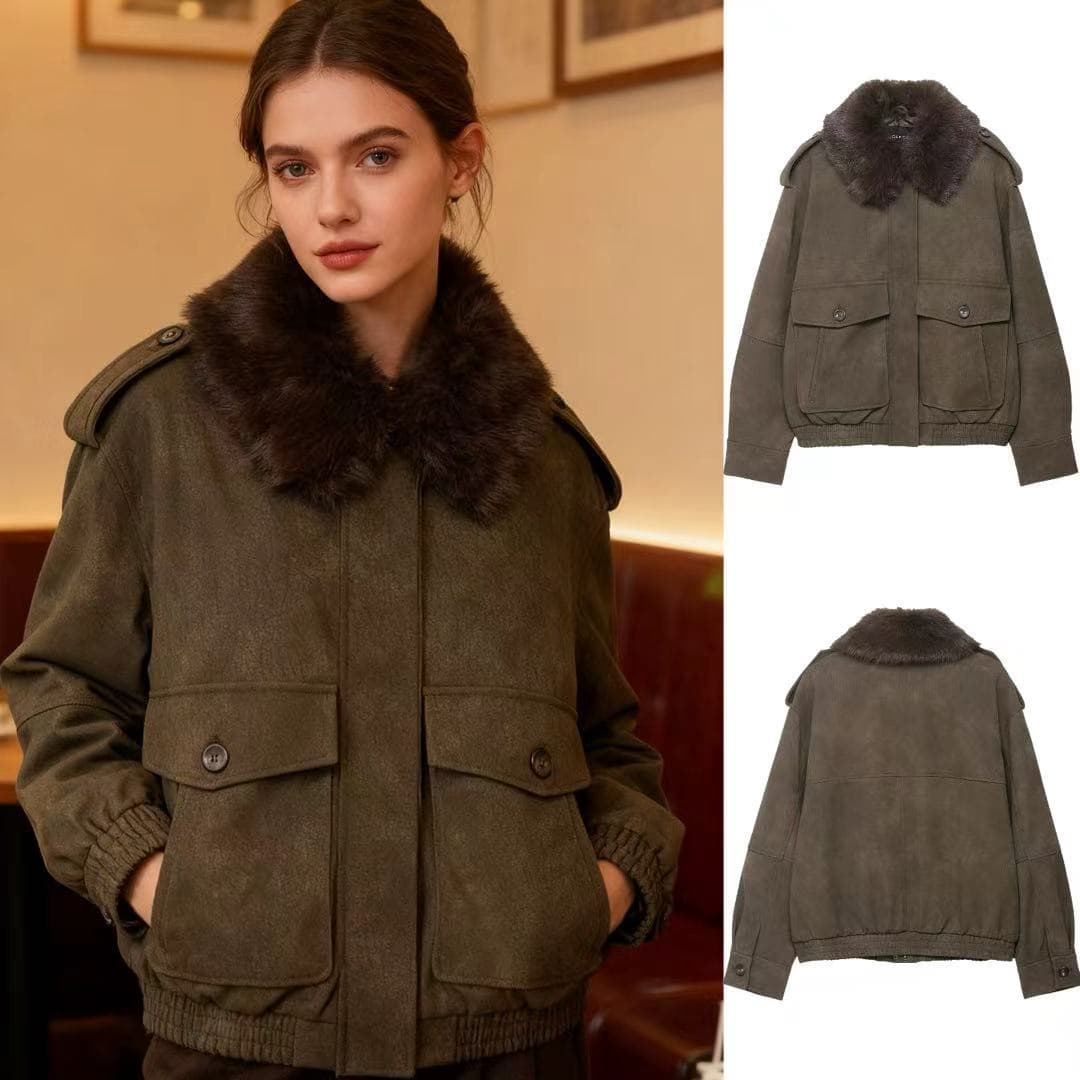 Women’s Suede Jacket With Detachable Collar –Style, Versatile Outerwear