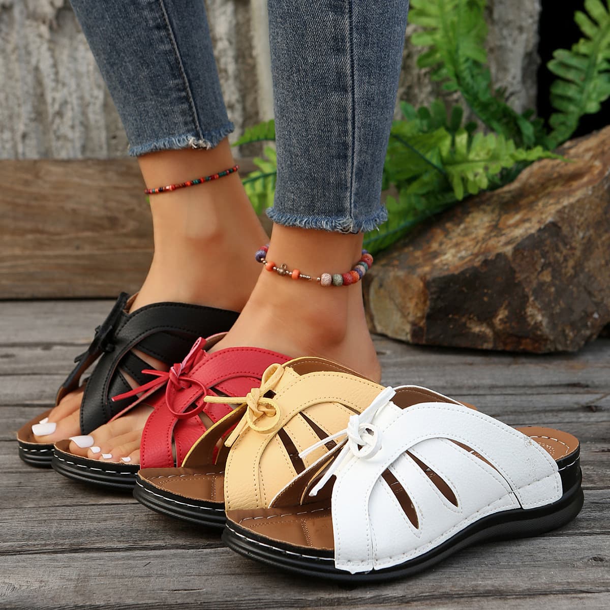 New Plus Size Roman Slippers For Women Wedge Heels And Thick Soles, Women's Sandals With Bow Decorations, Lightweight