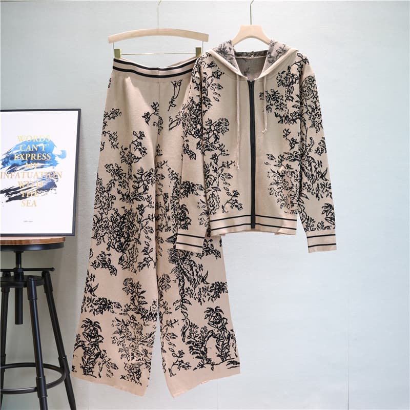 fashion knitted suits for women hooded sweaters wide leg pants two piece suits