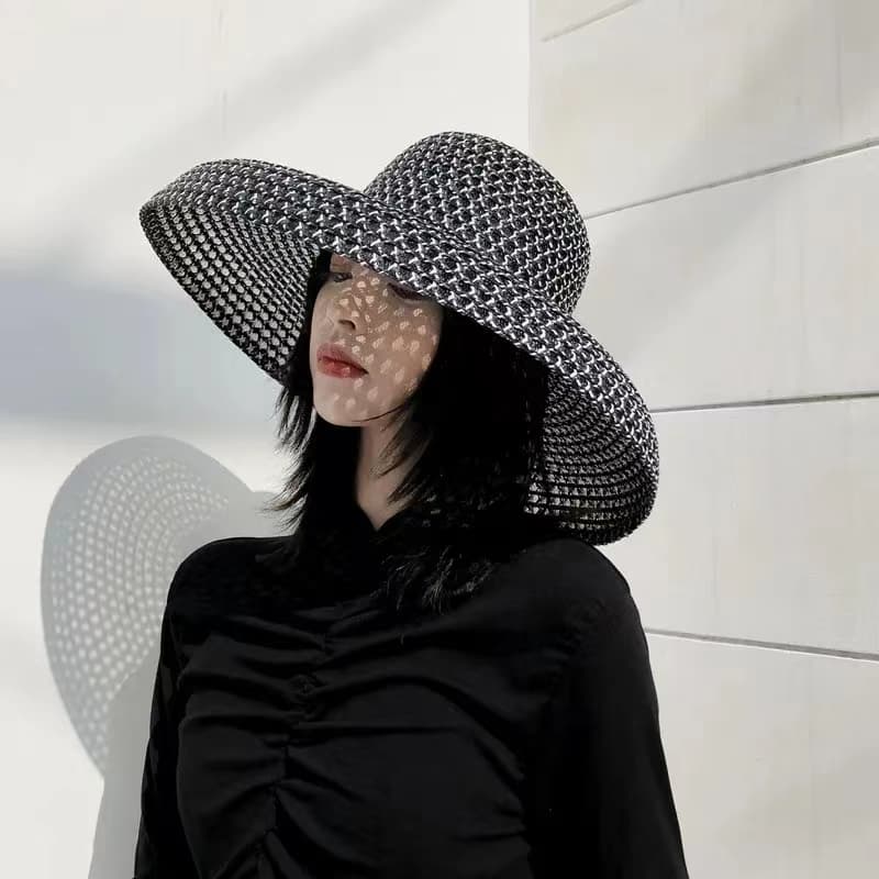 Hot Sale Hot Sale Summer PP black and white straw sunscreen holiday seaside beach big brim summer sun hat