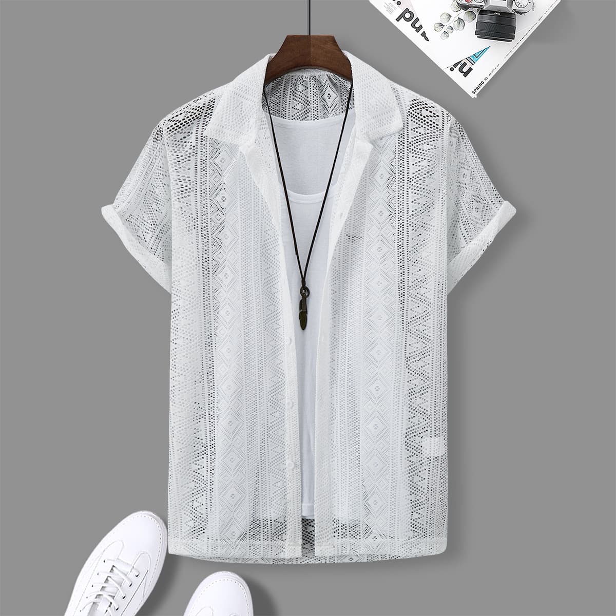 Men's Clothing Summer Foreign Trade Southeast Asia Men's Casual Loose Hollow Short Sleeved Shirt Hawaiian Suit