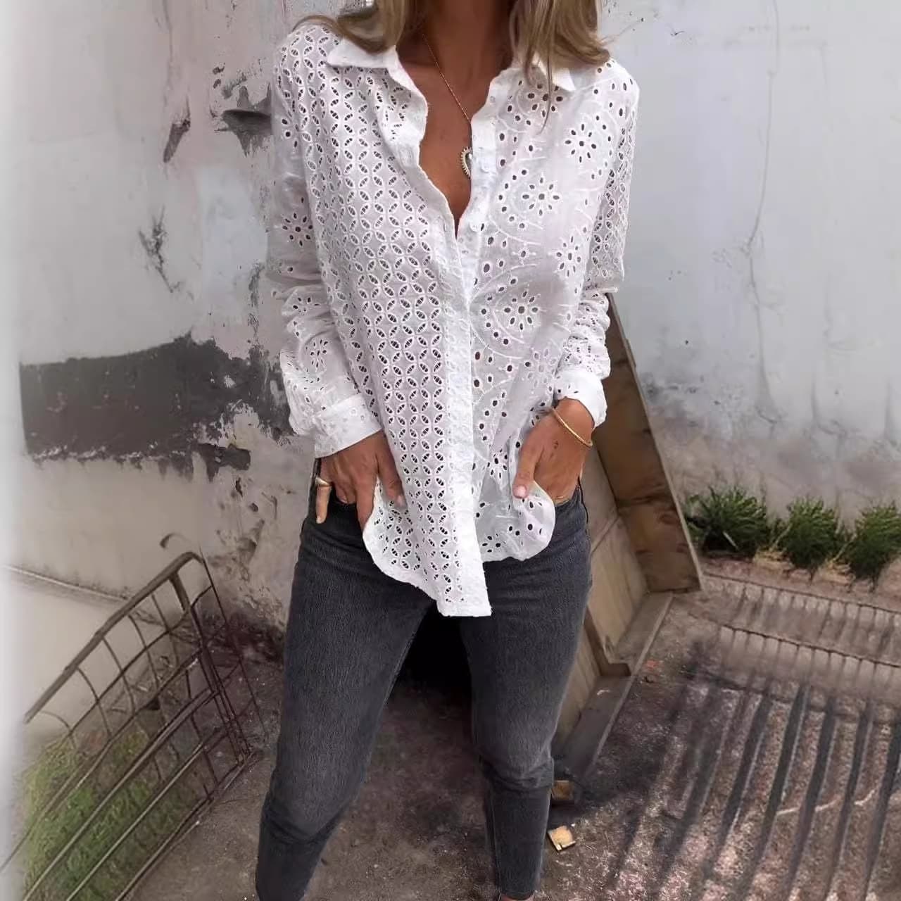 Ladies' Shirts Spring And Summer Hollow Printing Loose Button Grid Fashion Tops Women's Shirts