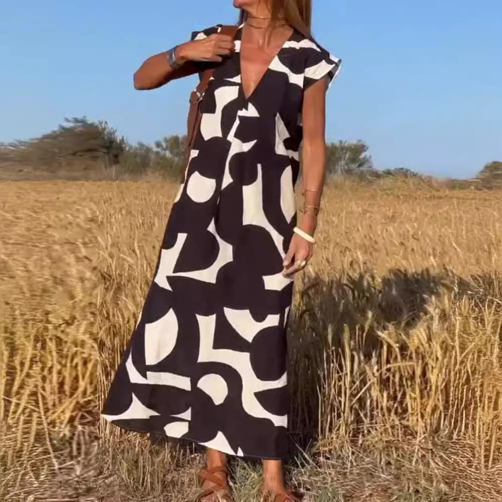 Women's Clothing Elegant Lady Style V Neck Loose Waist Dress Summer Fashion New Versatile Long Skirt