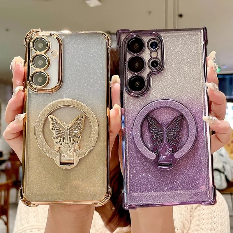 Luxury Glitter Plating Butterfly Holder Soft Case For Samsung Galaxy S25 Plus S24 FE S25 Ultra S23 FE Stand Back Cover