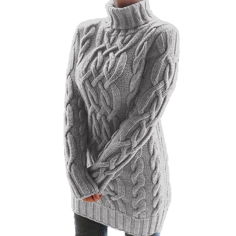 ​​Chunky Knit Turtleneck Sweater Dress – Retro Cable Stitch Long Sleeve Pullover With Colorblock Detail, Plus Size Friendly Winter Wardrobe Staple​​