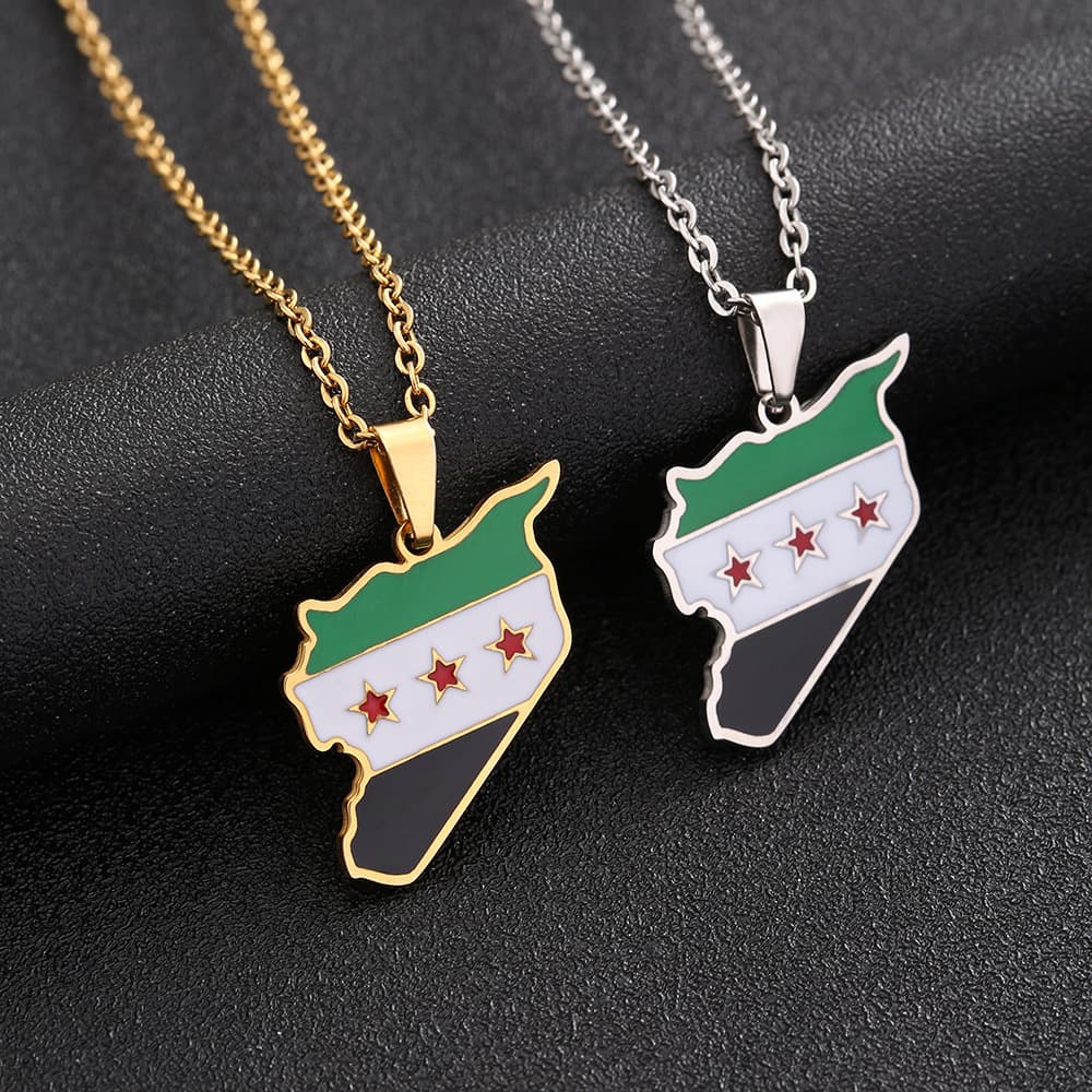 Stainless Steel Free Syrian Army Map and Flag Necklace Men's and Women's Couples sweater chain accessories