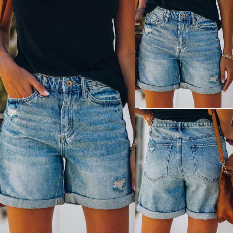 Casual Denim Shorts Women's Cross-Border New Style Independent Station Hole Ripped Five-Point Jeans Short Pants Mid Waist Straig