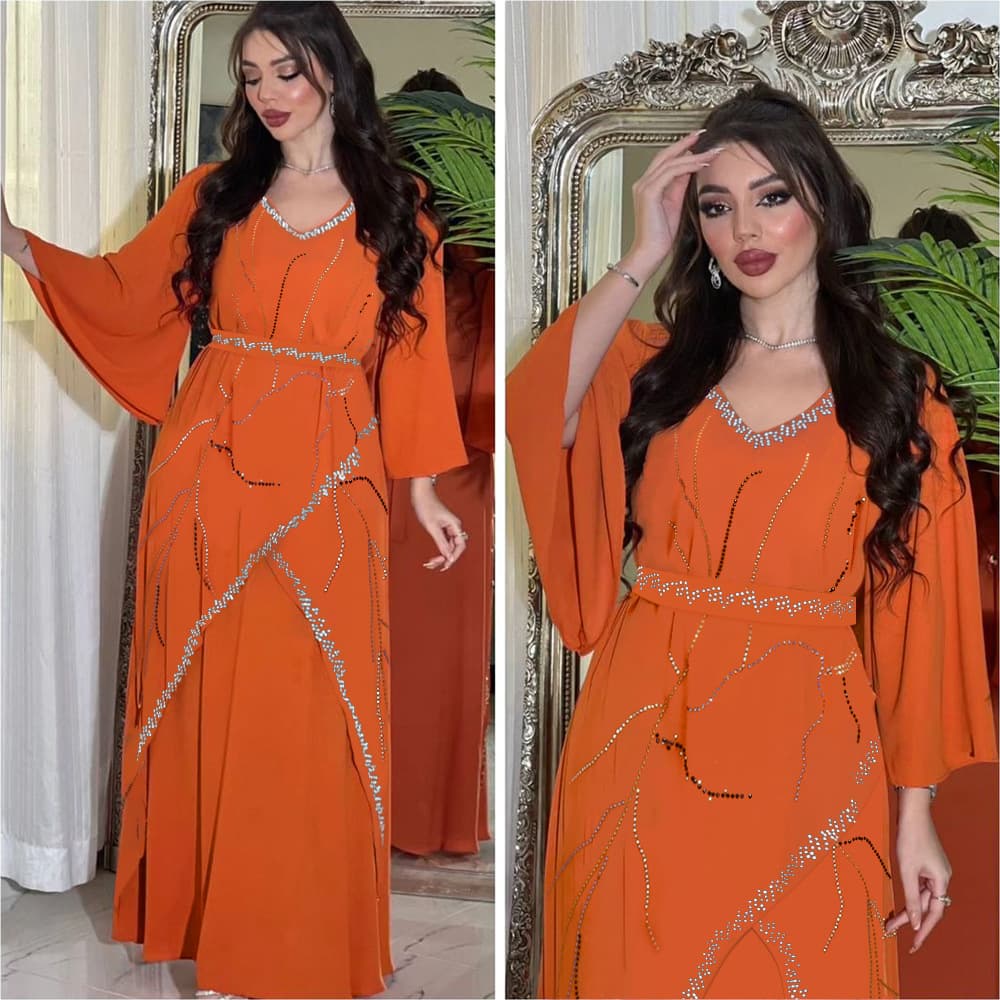 Women's Clothing Muslim Robe Hot Diamond Chiffon Dress With Belt