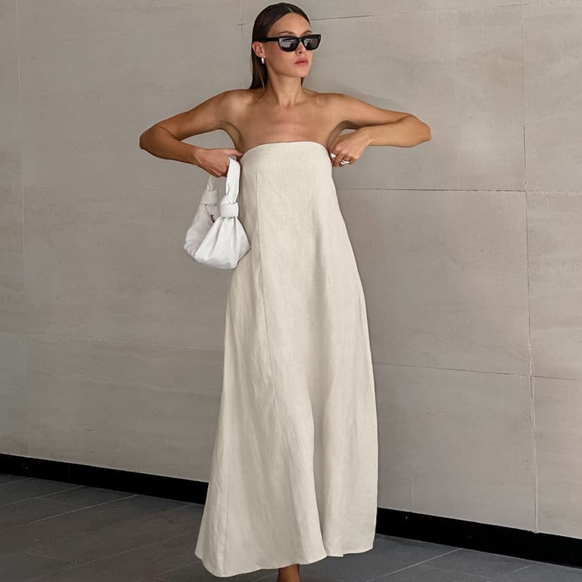 Women's Clothing Summer New Holiday Style Dress Khaki Cotton And Linen Tube Top Backless Long Dress Female