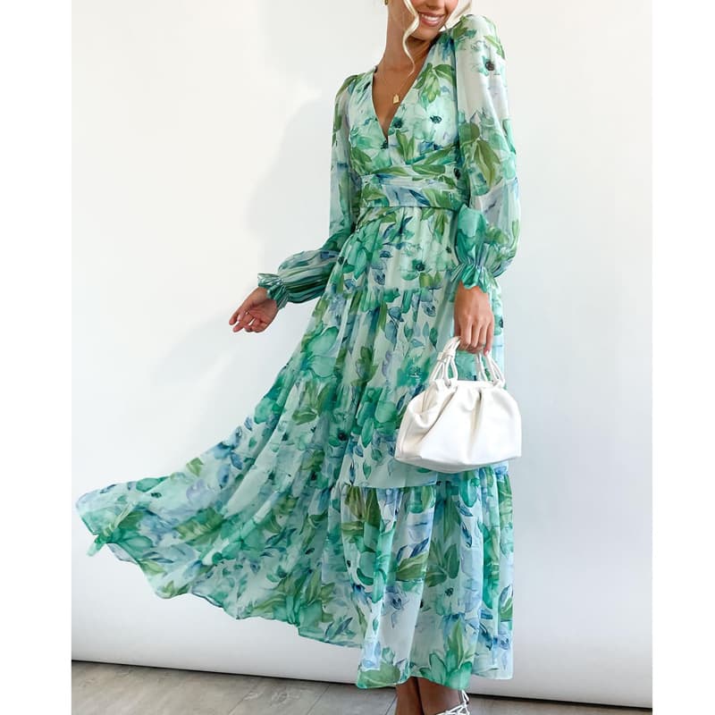 Women's Bohemian Style High Waist Skirt Dress Deep V Print Long Sleeve mid Length Casual Spring Autumn New European American