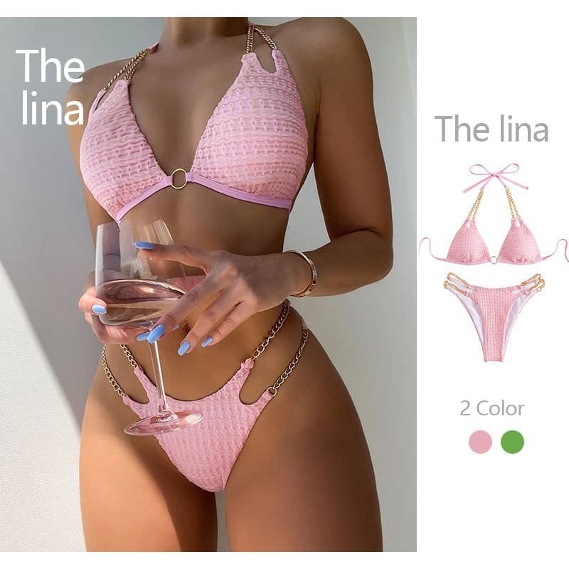 Women's Chain Halter Neck Bikini Sexy Split Design Swimwear For Beachwear Spring Hot