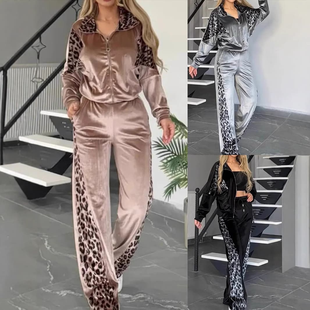 Women's Clothing New Leopard Print Contrast Trousers Long Sleeved Home Clothes Suit